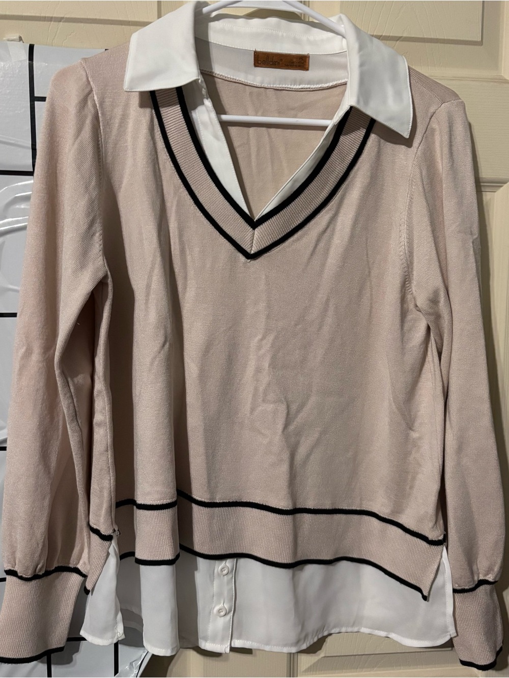 Belldini Blush Layered V-Neck Tunic with White Shirt Collar